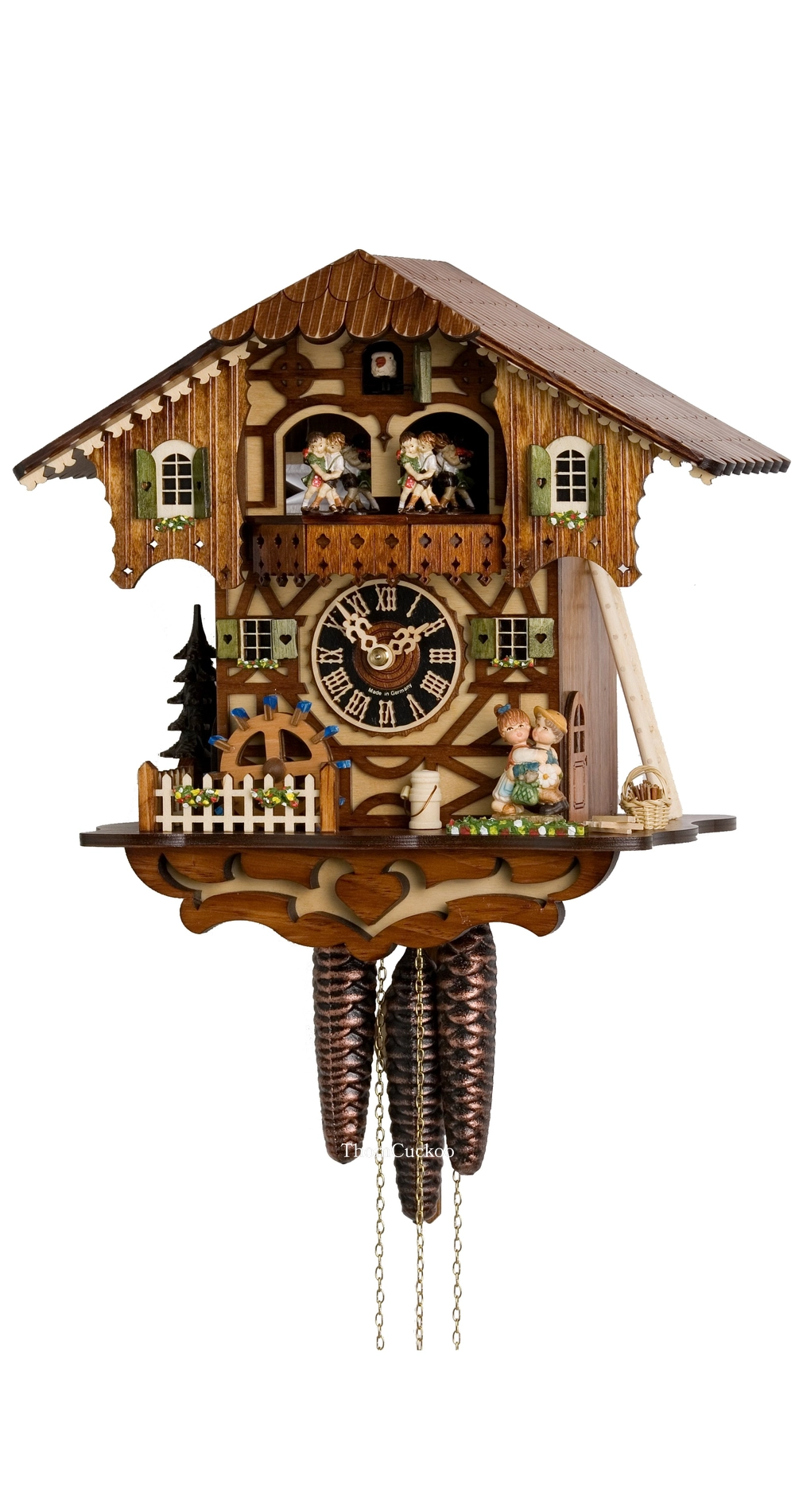 นาฬิกากุ๊กกูเยอรมัน Black Forest Germany ระบบกลไกไขลาน 1 วัน พร้อมเสียงดนตรี ธีมคู่รักโรแมนติก กังหันน้ำหมุนได้ รหัสสินค้า 0827
