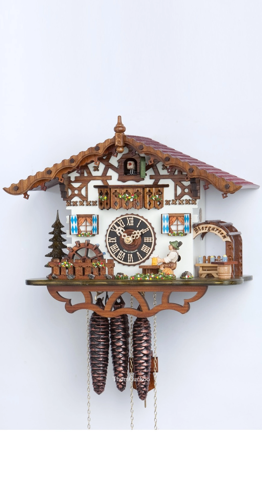 นาฬิกากุ๊กกูเยอรมัน Black Forest Germany ระบบกลไกไขลาน 1 วัน พร้อมเสียงดนตรี บ้าน Swiss Chalet คนดื่มเบียร์เคลื่อนไหว กังหันน้ำหมุนได้ รหัสสินค้า 0767