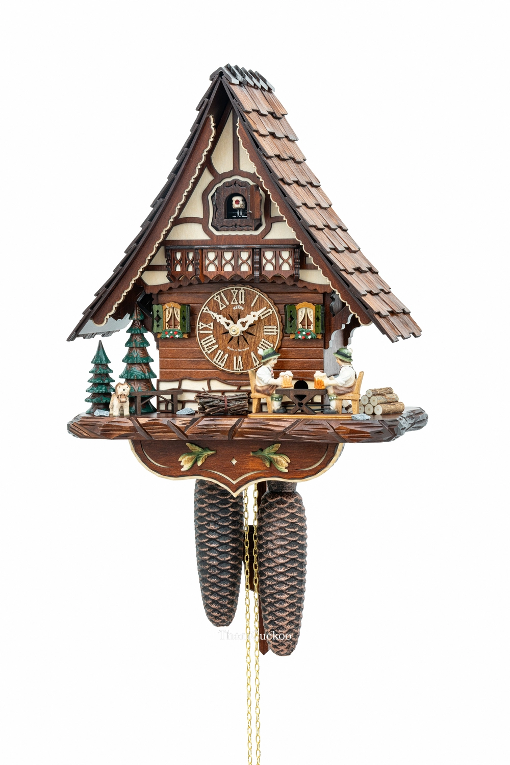 นาฬิกากุ๊กกูเยอรมัน Black Forest Germany ระบบกลไกไขลาน 8 วัน บ้านไม้สไตล์ Black Forest คนดื่มเบียร์คู่เคลื่อนไหว รหัสสินค้า 0483