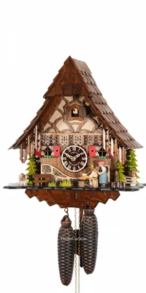 นาฬิกากุ๊กกูเยอรมัน Black Forest Germany ระบบกลไกไขลาน 8 วัน บ้านไม้สไตล์ Black Forest คนดื่มเบียร์เคลื่อนไหว ตัวละครหญิงเคลื่อนไหว รหัสสินค้า 0484