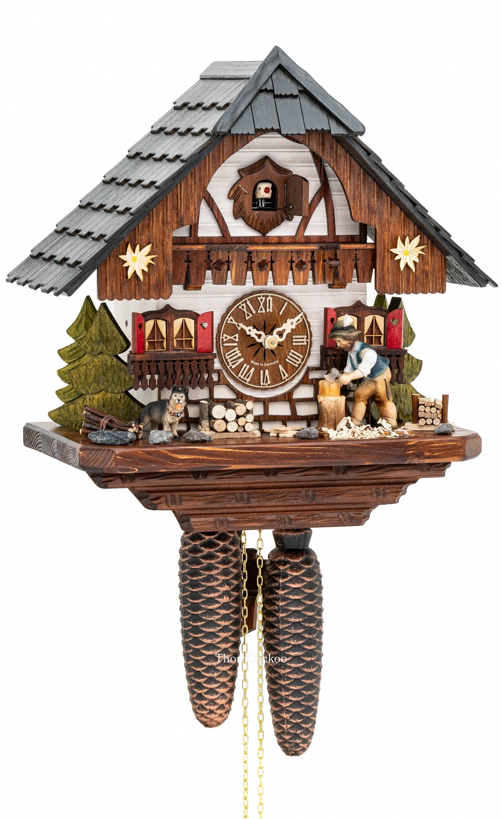 นาฬิกากุ๊กกูเยอรมัน Black Forest Germany ระบบกลไกไขลาน 8 วัน บ้านไม้สไตล์ Black Forest คนตัดไม้เคลื่อนไหว รหัสสินค้า 0456