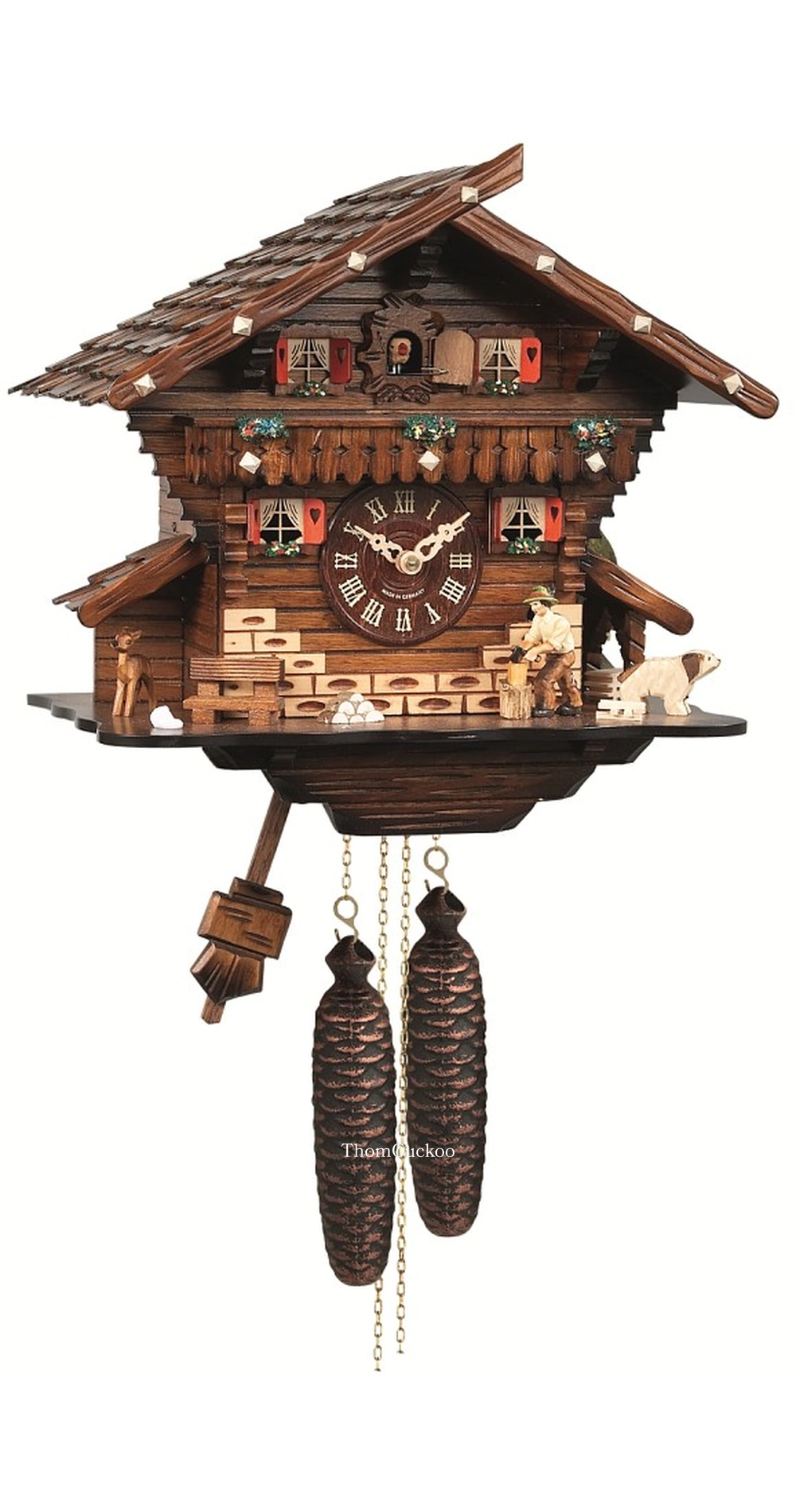 นาฬิกากุ๊กกูเยอรมัน Black Forest Germany ระบบกลไกไขลาน 8 วัน บ้านไม้สไตล์ Black Forest คนตัดไม้เคลื่อนไหว รหัสสินค้า 0464