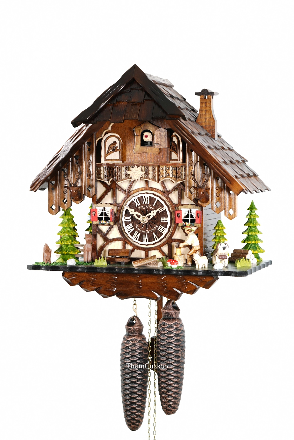 นาฬิกากุ๊กกูเยอรมัน Black Forest Germany ระบบกลไกไขลาน 8 วัน บ้านไม้สไตล์ Black Forest คนตัดไม้เคลื่อนไหว รหัสสินค้า 0482