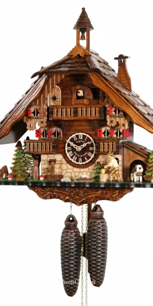 นาฬิกากุ๊กกูเยอรมัน Black Forest Germany ระบบกลไกไขลาน 8 วัน บ้านไม้สไตล์ Black Forest คนตัดไม้เคลื่อนไหว รหัสสินค้า 0507