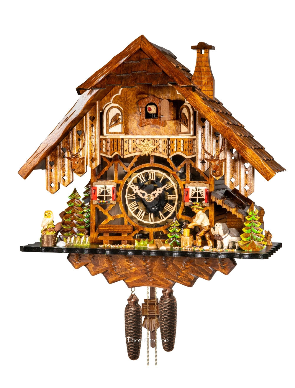 นาฬิกากุ๊กกูเยอรมัน Black Forest Germany ระบบกลไกไขลาน 8 วัน บ้านไม้สไตล์ Black Forest คนตัดไม้เคลื่อนไหว รหัสสินค้า 0528
