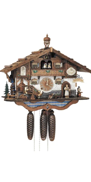 นาฬิกากุ๊กกูเยอรมัน Black Forest Germany ระบบกลไกไขลาน 8 วัน พร้อมเสียงดนตรี บ้านสไตล์บาวาเรีย คนดื่มเบียร์คู่เคลื่อนไหว กังหันน้ำหมุนได้ รหัสสินค้า 0707