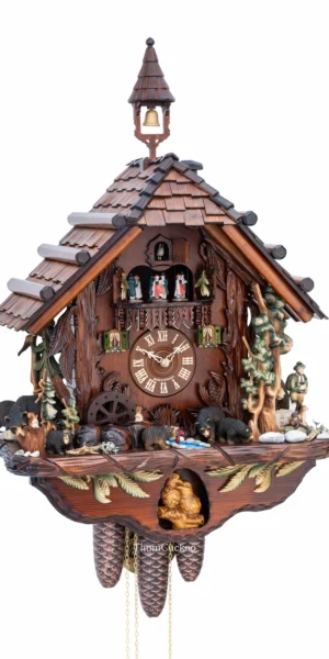 นาฬิกากุ๊กกูเยอรมัน Black Forest Germany ระบบกลไกไขลาน 8 วัน พร้อมเสียงดนตรี ลายหมีป่าแกะสลัก ตุ๊กตาเต้นระบำ รหัสสินค้า 0709