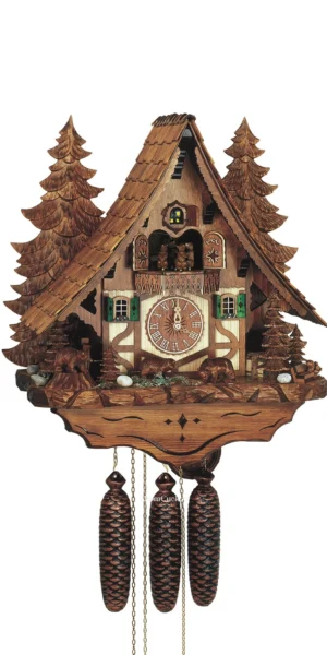 นาฬิกากุ๊กกูเยอรมัน Black Forest Germany ระบบกลไกไขลาน 8 วัน พร้อมเสียงดนตรี ลายหมีป่าแกะสลัก กังหันน้ำหมุนได้ หมีเคลื่อนไหว รหัสสินค้า 0670