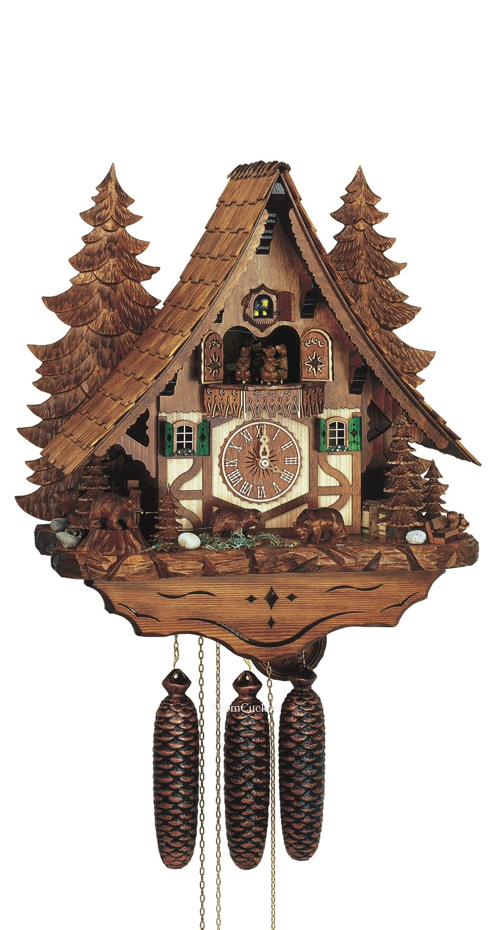 นาฬิกากุ๊กกูเยอรมัน Black Forest Germany ระบบกลไกไขลาน 8 วัน พร้อมเสียงดนตรี ลายหมีป่าแกะสลัก กังหันน้ำหมุนได้ หมีเคลื่อนไหว รหัสสินค้า 0670