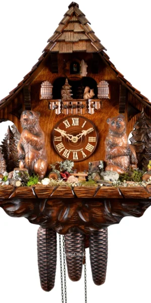 นาฬิกากุ๊กกูเยอรมัน Black Forest Germany ระบบกลไกไขลาน 8 วัน พร้อมเสียงดนตรี ลายหมีป่าแกะสลัก รหัสสินค้า 0674