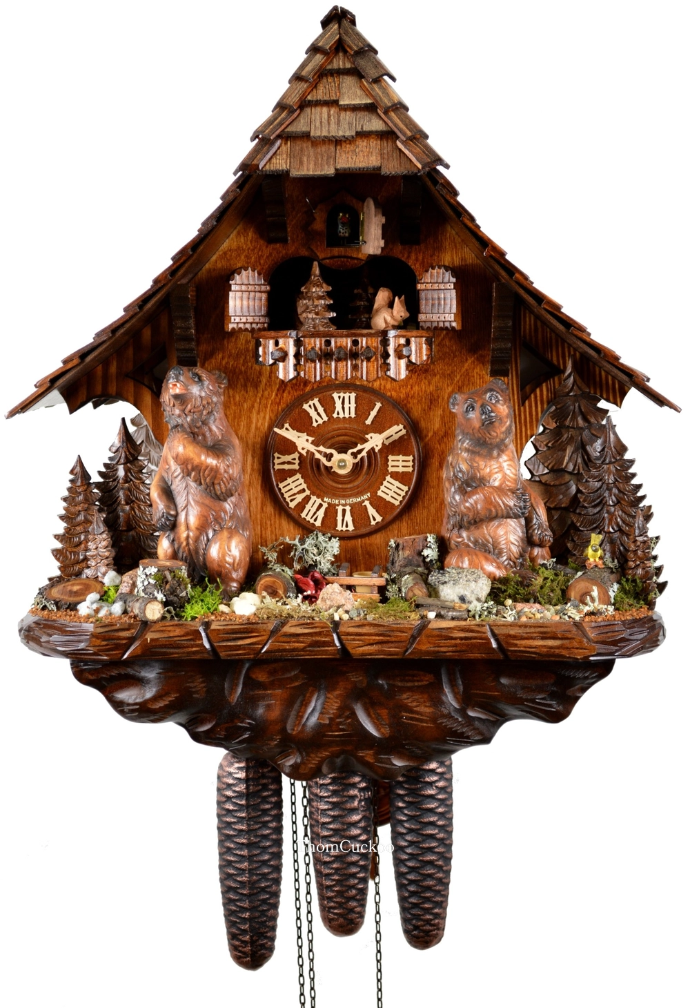 นาฬิกากุ๊กกูเยอรมัน Black Forest Germany ระบบกลไกไขลาน 8 วัน พร้อมเสียงดนตรี ลายหมีป่าแกะสลัก รหัสสินค้า 0674