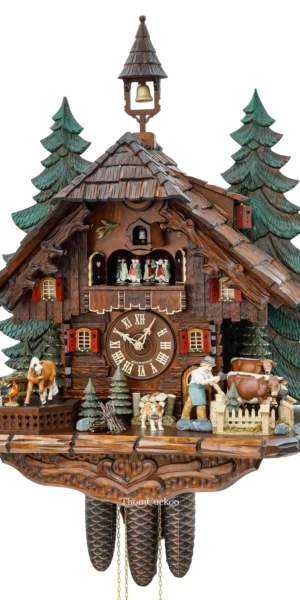 นาฬิกากุ๊กกูเยอรมัน Black Forest Germany ระบบกลไกไขลาน 8 วัน พร้อมเสียงดนตรี บ้านไม้สไตล์ Black Forest คนตัดไม้เคลื่อนไหว รหัสสินค้า 0725