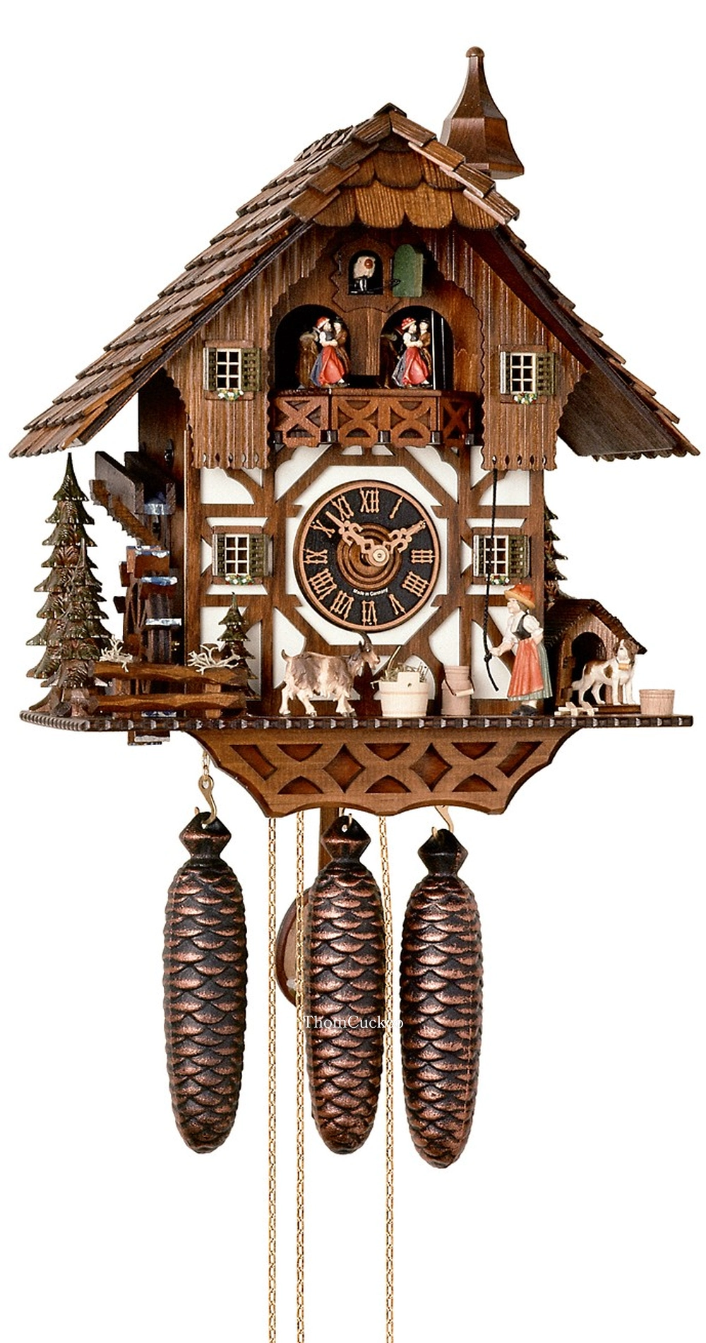 นาฬิกากุ๊กกูเยอรมัน Black Forest Germany ระบบกลไกไขลาน 8 วัน พร้อมเสียงดนตรี บ้านไม้สไตล์ Black Forest กังหันน้ำหมุนได้ รหัสสินค้า 0636
