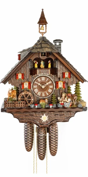 นาฬิกากุ๊กกูเยอรมัน Black Forest Germany ระบบกลไกไขลาน 8 วัน พร้อมเสียงดนตรี บ้านไม้สไตล์ Black Forest กังหันน้ำหมุนได้ รหัสสินค้า 0637