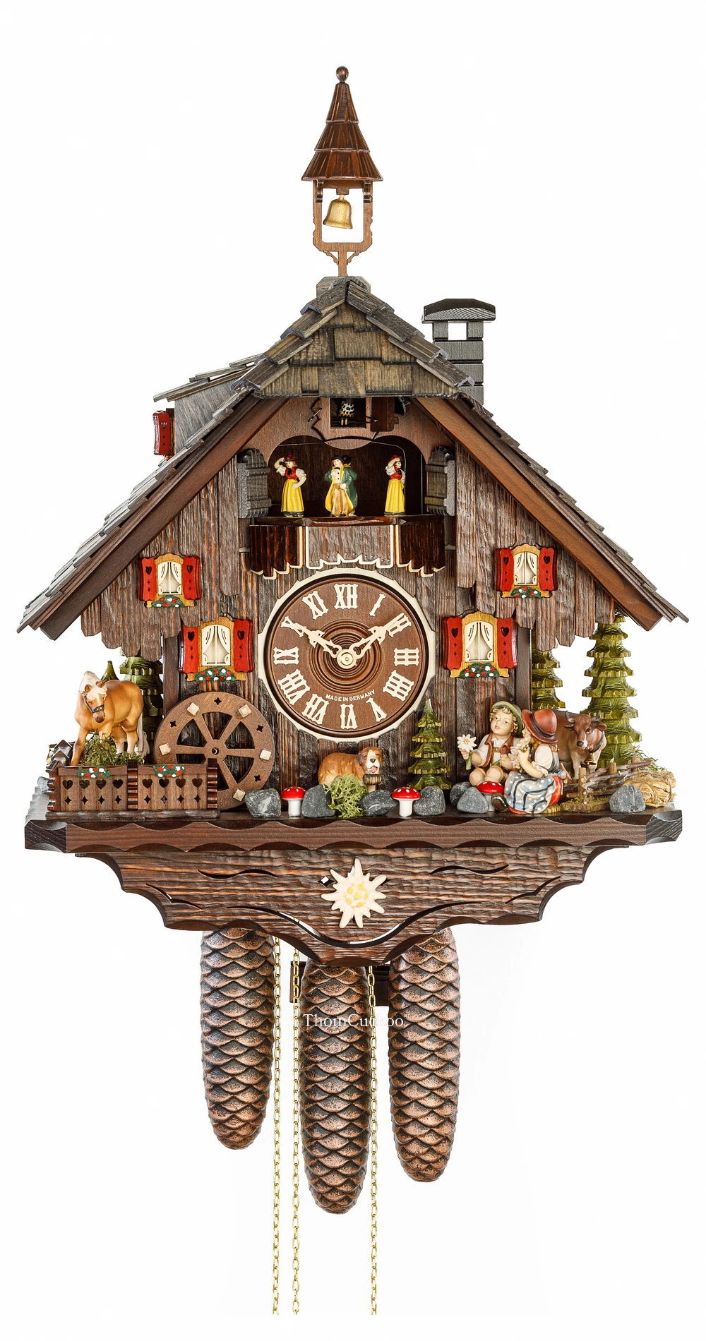 นาฬิกากุ๊กกูเยอรมัน Black Forest Germany ระบบกลไกไขลาน 8 วัน พร้อมเสียงดนตรี บ้านไม้สไตล์ Black Forest กังหันน้ำหมุนได้ รหัสสินค้า 0637