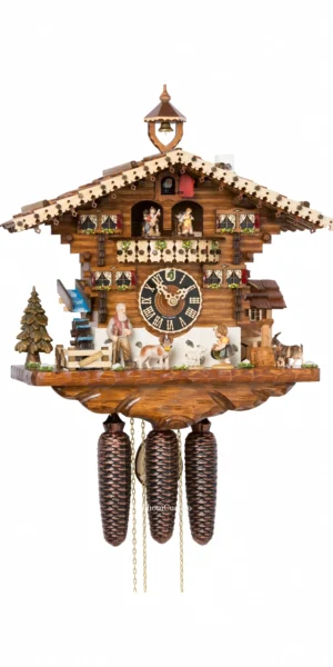 นาฬิกากุ๊กกูเยอรมัน Black Forest Germany ระบบกลไกไขลาน 8 วัน พร้อมเสียงดนตรี บ้านไม้สไตล์ Black Forest กังหันน้ำหมุนได้ รหัสสินค้า 0662