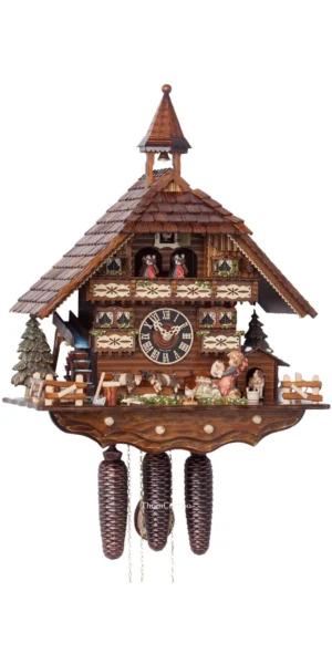 นาฬิกากุ๊กกูเยอรมัน Black Forest Germany ระบบกลไกไขลาน 8 วัน พร้อมเสียงดนตรี บ้านไม้สไตล์ Black Forest กังหันน้ำหมุนได้ รหัสสินค้า 0719