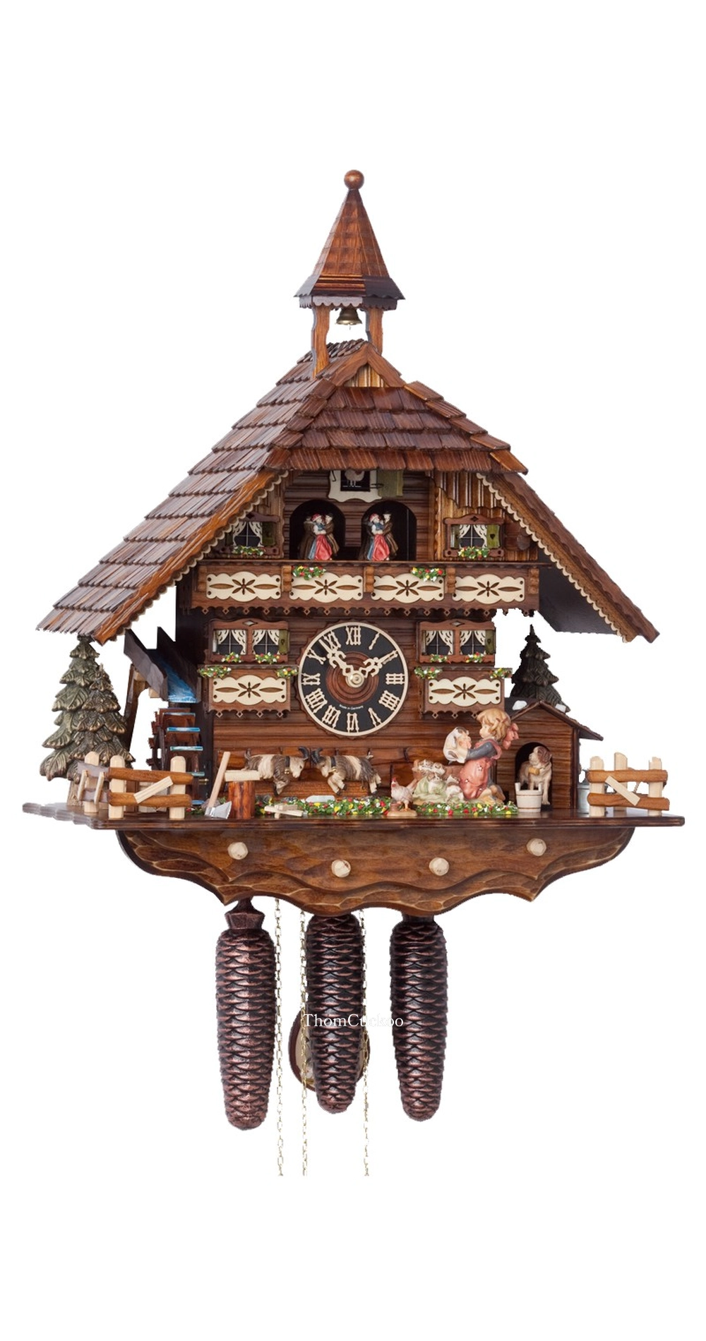 นาฬิกากุ๊กกูเยอรมัน Black Forest Germany ระบบกลไกไขลาน 8 วัน พร้อมเสียงดนตรี บ้านไม้สไตล์ Black Forest กังหันน้ำหมุนได้ รหัสสินค้า 0719