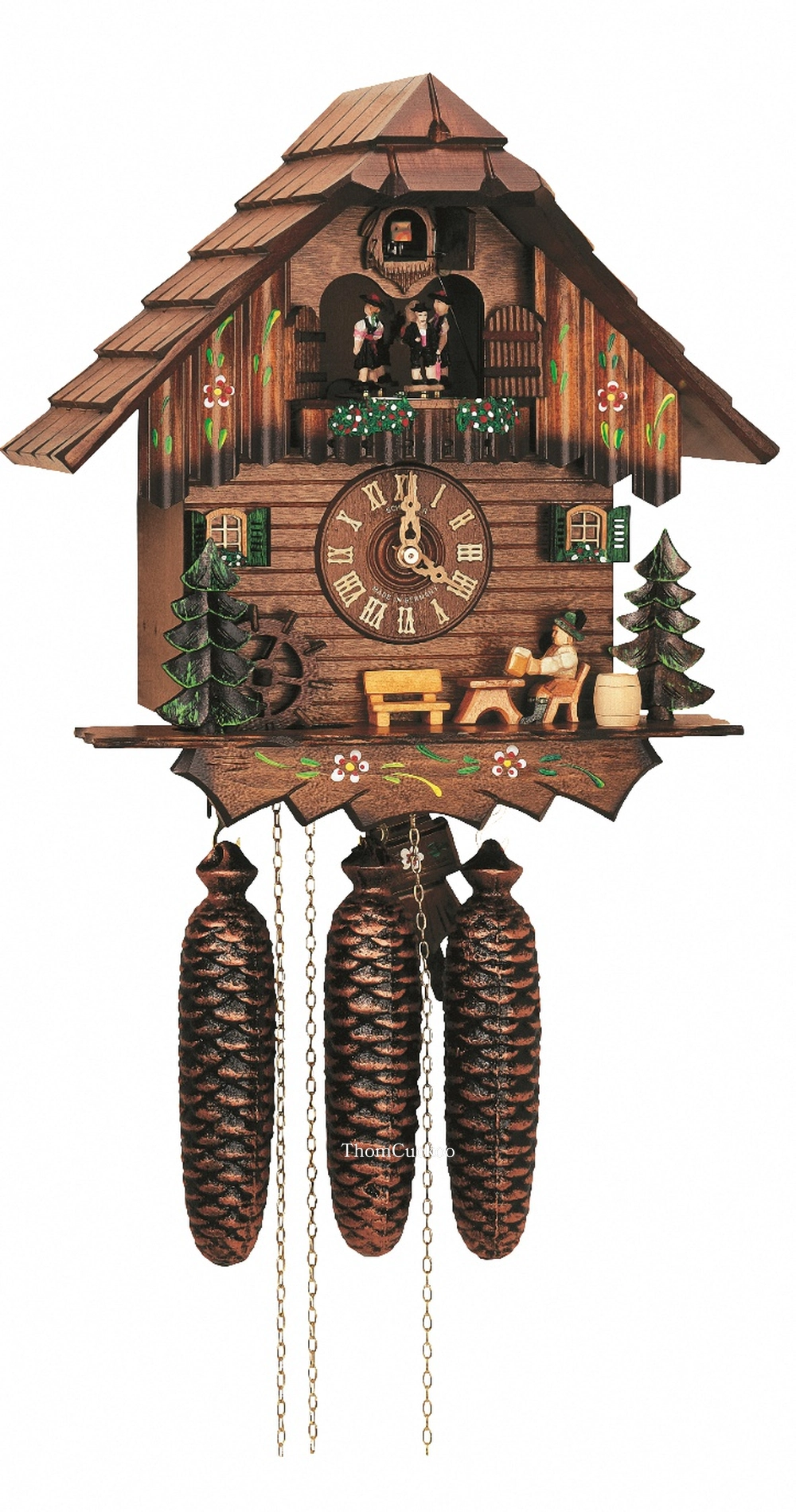 นาฬิกากุ๊กกูเยอรมัน Black Forest Germany ระบบกลไกไขลาน 8 วัน พร้อมเสียงดนตรี บ้านไม้สไตล์ Black Forest คนดื่มเบียร์เคลื่อนไหว กังหันน้ำหมุนได้ รหัสสินค้า 0581