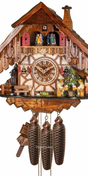 นาฬิกากุ๊กกูเยอรมัน Black Forest Germany ระบบกลไกไขลาน 8 วัน พร้อมเสียงดนตรี บ้านไม้สไตล์ Black Forest คนดื่มเบียร์เคลื่อนไหว ตัวละครหญิงเคลื่อนไหว รหัสสินค้า 0587