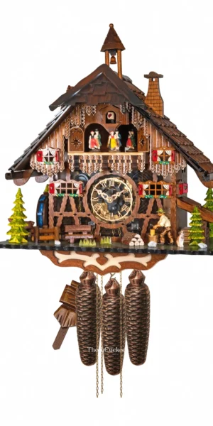 นาฬิกากุ๊กกูเยอรมัน Black Forest Germany ระบบกลไกไขลาน 8 วัน พร้อมเสียงดนตรี บ้านไม้สไตล์ Black Forest คนตัดไม้เคลื่อนไหว กังหันน้ำหมุนได้ รหัสสินค้า 0590