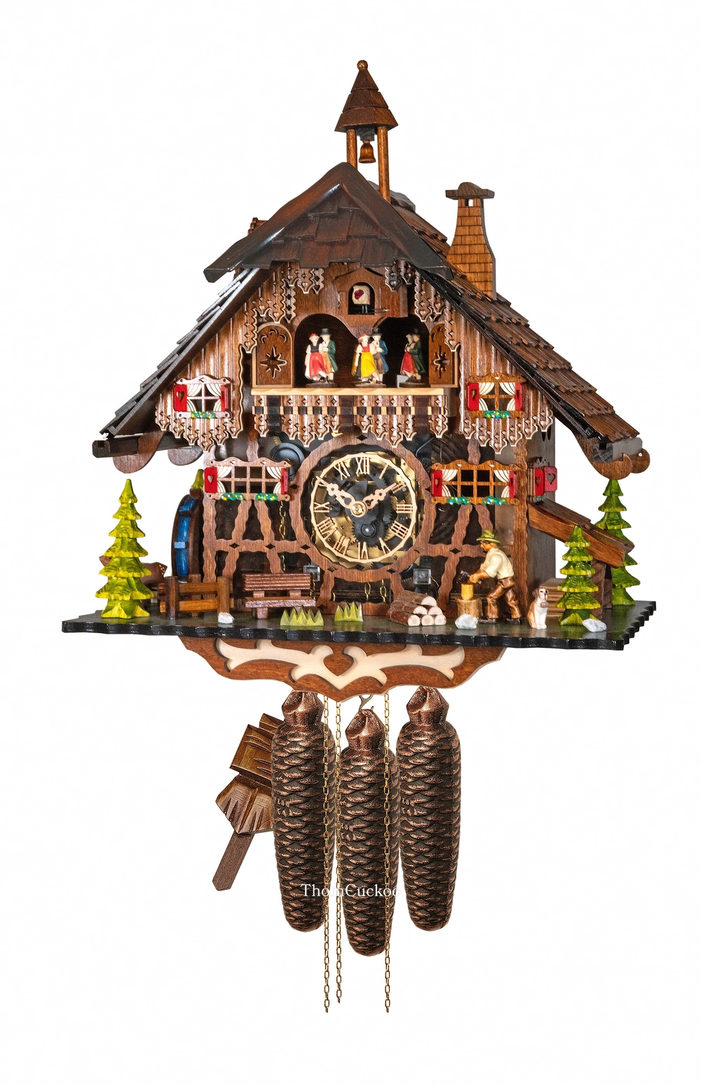 นาฬิกากุ๊กกูเยอรมัน Black Forest Germany ระบบกลไกไขลาน 8 วัน พร้อมเสียงดนตรี บ้านไม้สไตล์ Black Forest คนตัดไม้เคลื่อนไหว กังหันน้ำหมุนได้ รหัสสินค้า 0590