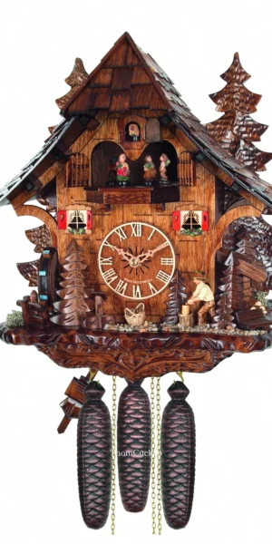 นาฬิกากุ๊กกูเยอรมัน Black Forest Germany ระบบกลไกไขลาน 8 วัน พร้อมเสียงดนตรี บ้านไม้สไตล์ Black Forest คนตัดไม้เคลื่อนไหว กังหันน้ำหมุนได้ รหัสสินค้า 0591