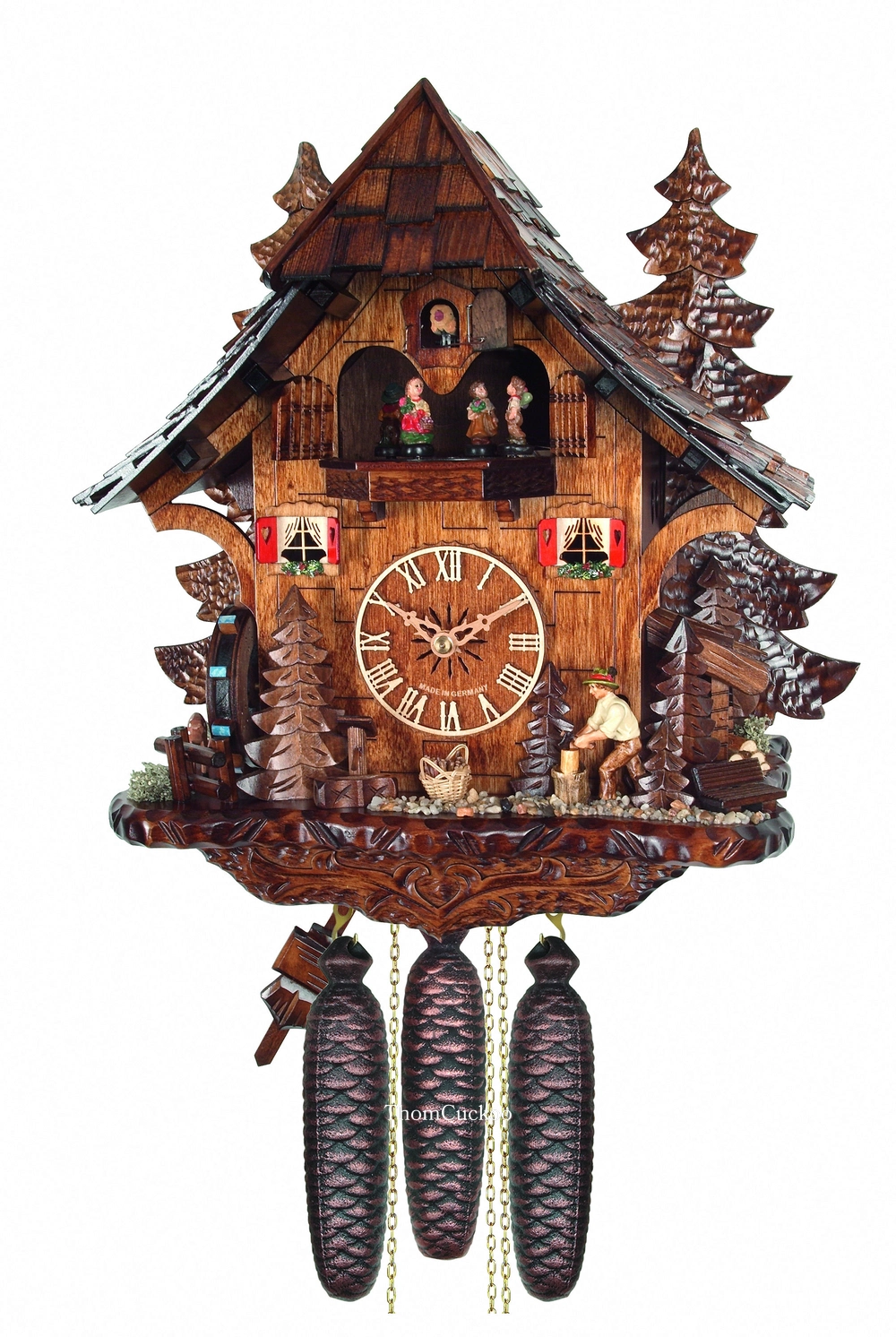 นาฬิกากุ๊กกูเยอรมัน Black Forest Germany ระบบกลไกไขลาน 8 วัน พร้อมเสียงดนตรี บ้านไม้สไตล์ Black Forest คนตัดไม้เคลื่อนไหว กังหันน้ำหมุนได้ รหัสสินค้า 0591