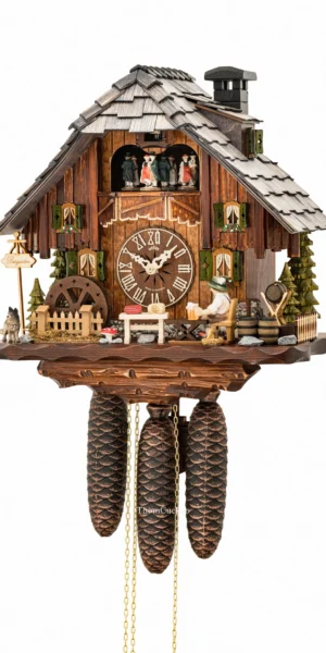 นาฬิกากุ๊กกูเยอรมัน Black Forest Germany ระบบกลไกไขลาน 8 วัน พร้อมเสียงดนตรี บ้านไม้สไตล์ Black Forest คนดื่มเบียร์เคลื่อนไหว กังหันน้ำหมุนได้ รหัสสินค้า 0593