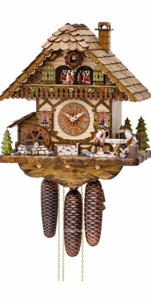 นาฬิกากุ๊กกูเยอรมัน Black Forest Germany ระบบกลไกไขลาน 8 วัน พร้อมเสียงดนตรี บ้านไม้สไตล์ Black Forest คนตัดไม้เคลื่อนไหว กังหันน้ำหมุนได้ รหัสสินค้า 0596