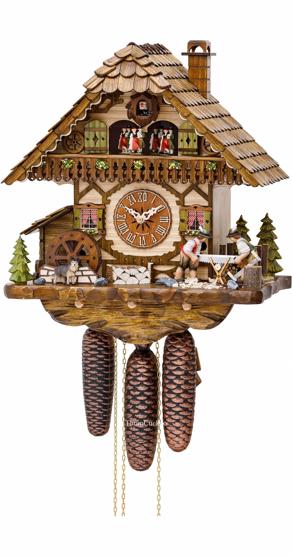 นาฬิกากุ๊กกูเยอรมัน Black Forest Germany ระบบกลไกไขลาน 8 วัน พร้อมเสียงดนตรี บ้านไม้สไตล์ Black Forest คนตัดไม้เคลื่อนไหว กังหันน้ำหมุนได้ รหัสสินค้า 0596