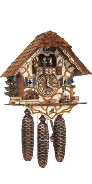 นาฬิกากุ๊กกูเยอรมัน Black Forest Germany ระบบกลไกไขลาน 8 วัน พร้อมเสียงดนตรี บ้านไม้สไตล์ Black Forest คนตัดไม้เคลื่อนไหว กังหันน้ำหมุนได้ รหัสสินค้า 0602