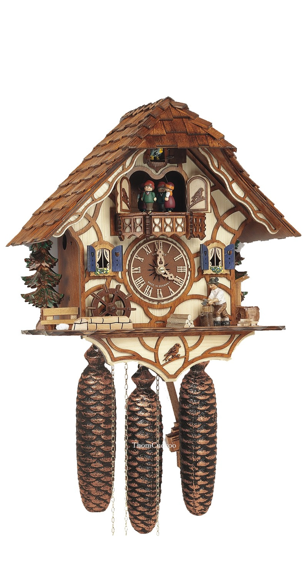 นาฬิกากุ๊กกูเยอรมัน Black Forest Germany ระบบกลไกไขลาน 8 วัน พร้อมเสียงดนตรี บ้านไม้สไตล์ Black Forest คนตัดไม้เคลื่อนไหว กังหันน้ำหมุนได้ รหัสสินค้า 0602