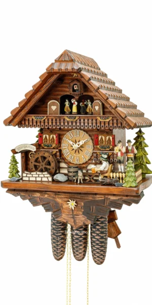 นาฬิกากุ๊กกูเยอรมัน Black Forest Germany ระบบกลไกไขลาน 8 วัน พร้อมเสียงดนตรี บ้านไม้สไตล์ Black Forest คนดื่มเบียร์เคลื่อนไหว กังหันน้ำหมุนได้ รหัสสินค้า 0608
