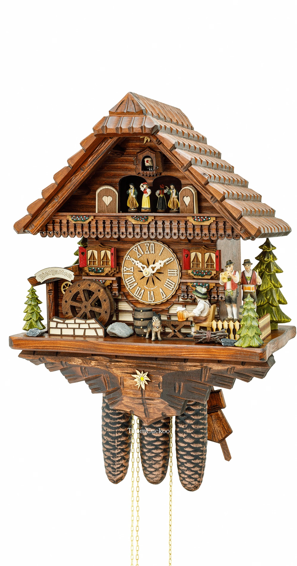 นาฬิกากุ๊กกูเยอรมัน Black Forest Germany ระบบกลไกไขลาน 8 วัน พร้อมเสียงดนตรี บ้านไม้สไตล์ Black Forest คนดื่มเบียร์เคลื่อนไหว กังหันน้ำหมุนได้ รหัสสินค้า 0608