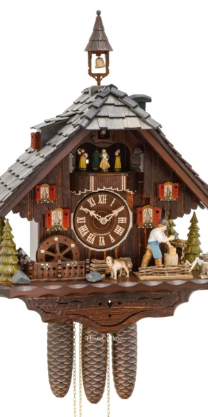 นาฬิกากุ๊กกูเยอรมัน Black Forest Germany ระบบกลไกไขลาน 8 วัน พร้อมเสียงดนตรี บ้านไม้สไตล์ Black Forest คนตัดไม้เคลื่อนไหว กังหันน้ำหมุนได้ รหัสสินค้า 0612