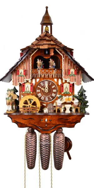 นาฬิกากุ๊กกูเยอรมัน Black Forest Germany ระบบกลไกไขลาน 8 วัน พร้อมเสียงดนตรี บ้านไม้สไตล์ Black Forest คนดื่มเบียร์คู่เคลื่อนไหว กังหันน้ำหมุนได้ รหัสสินค้า 0613
