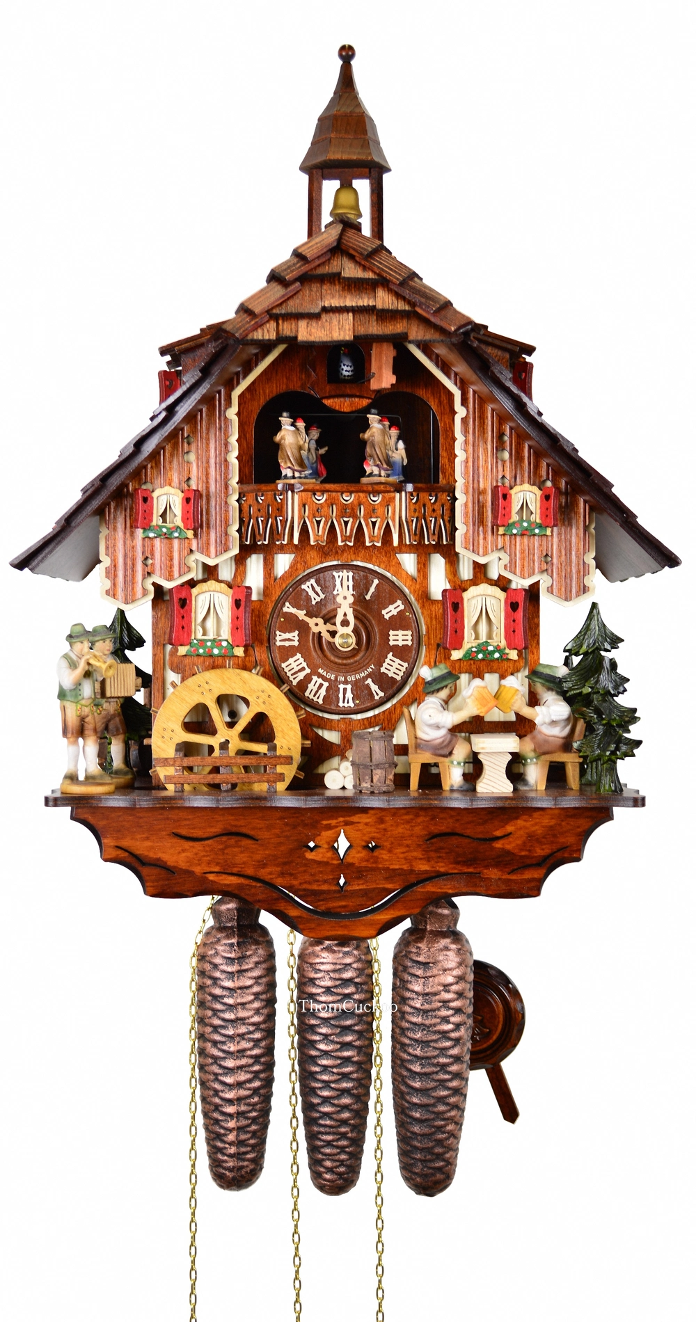 นาฬิกากุ๊กกูเยอรมัน Black Forest Germany ระบบกลไกไขลาน 8 วัน พร้อมเสียงดนตรี บ้านไม้สไตล์ Black Forest คนดื่มเบียร์คู่เคลื่อนไหว กังหันน้ำหมุนได้ รหัสสินค้า 0613