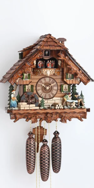 นาฬิกากุ๊กกูเยอรมัน Black Forest Germany ระบบกลไกไขลาน 8 วัน พร้อมเสียงดนตรี บ้านไม้สไตล์ Black Forest คนตัดไม้เคลื่อนไหว กังหันน้ำหมุนได้ รหัสสินค้า 0621