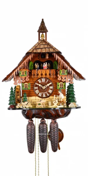 นาฬิกากุ๊กกูเยอรมัน Black Forest Germany ระบบกลไกไขลาน 8 วัน พร้อมเสียงดนตรี บ้านไม้สไตล์ Black Forest คนตัดไม้เคลื่อนไหว กังหันน้ำหมุนได้ รหัสสินค้า 0625