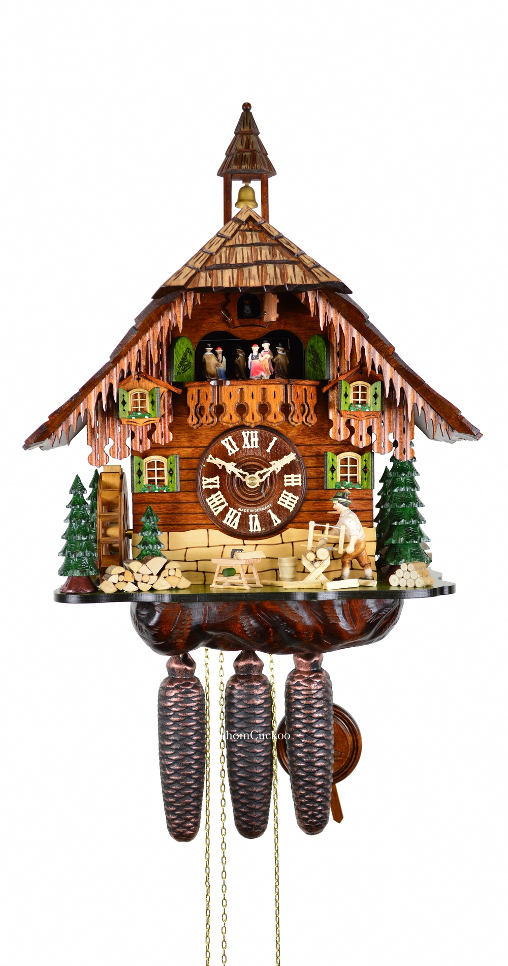 นาฬิกากุ๊กกูเยอรมัน Black Forest Germany ระบบกลไกไขลาน 8 วัน พร้อมเสียงดนตรี บ้านไม้สไตล์ Black Forest คนตัดไม้เคลื่อนไหว กังหันน้ำหมุนได้ รหัสสินค้า 0625