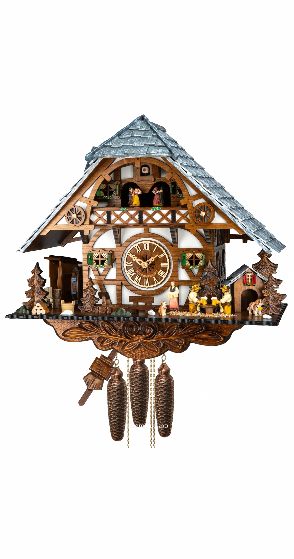 นาฬิกากุ๊กกูเยอรมัน Black Forest Germany ระบบกลไกไขลาน 8 วัน พร้อมเสียงดนตรี บ้านไม้สไตล์ Black Forest คนดื่มเบียร์คู่เคลื่อนไหว กังหันน้ำหมุนได้ รหัสสินค้า 0627