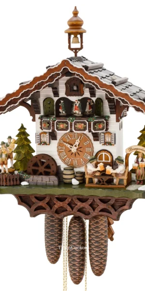 นาฬิกากุ๊กกูเยอรมัน Black Forest Germany ระบบกลไกไขลาน 8 วัน พร้อมเสียงดนตรี บ้านไม้สไตล์ Black Forest คนดื่มเบียร์คู่เคลื่อนไหว กังหันน้ำหมุนได้ รหัสสินค้า 0639