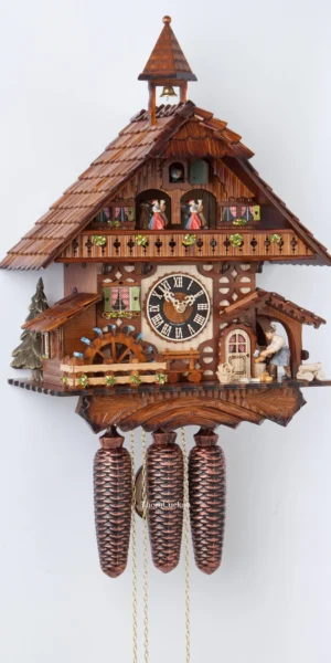 นาฬิกากุ๊กกูเยอรมัน Black Forest Germany ระบบกลไกไขลาน 8 วัน พร้อมเสียงดนตรี บ้านไม้สไตล์ Black Forest คนตัดไม้เคลื่อนไหว กังหันน้ำหมุนได้ รหัสสินค้า 0640