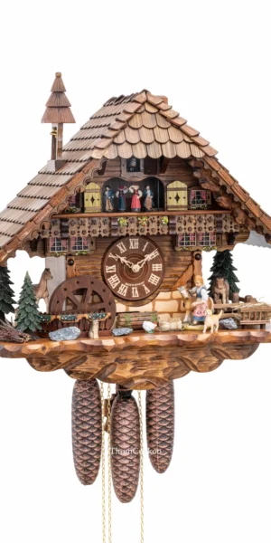 นาฬิกากุ๊กกูเยอรมัน Black Forest Germany ระบบกลไกไขลาน 8 วัน พร้อมเสียงดนตรี บ้านไม้สไตล์ Black Forest กังหันน้ำหมุนได้ ตุ๊กตาเต้นระบำ ตัวละครหญิงเคลื่อนไหว รหัสสินค้า 0645
