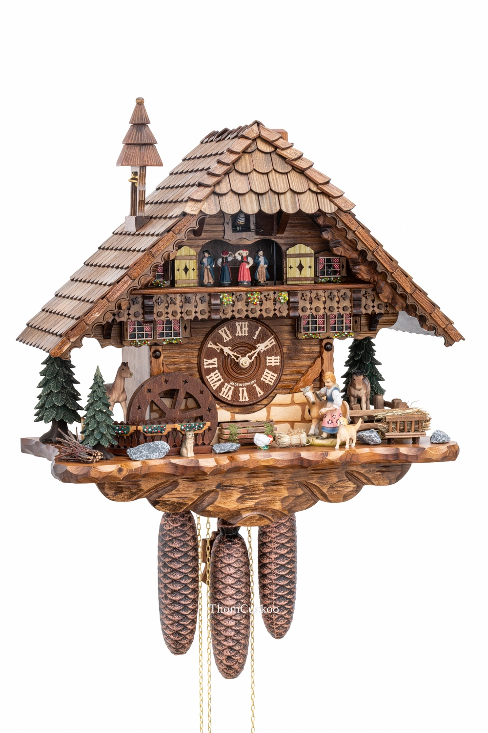 นาฬิกากุ๊กกูเยอรมัน Black Forest Germany ระบบกลไกไขลาน 8 วัน พร้อมเสียงดนตรี บ้านไม้สไตล์ Black Forest กังหันน้ำหมุนได้ ตุ๊กตาเต้นระบำ ตัวละครหญิงเคลื่อนไหว รหัสสินค้า 0645