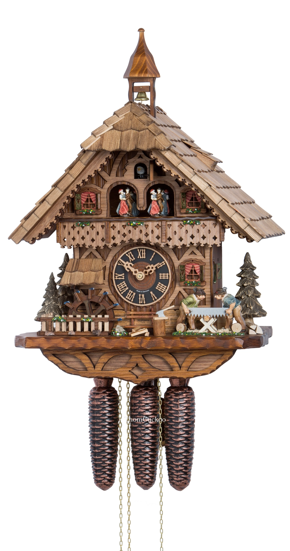 นาฬิกากุ๊กกูเยอรมัน Black Forest Germany ระบบกลไกไขลาน 8 วัน พร้อมเสียงดนตรี บ้านไม้สไตล์ Black Forest คนตัดไม้เคลื่อนไหว กังหันน้ำหมุนได้ รหัสสินค้า 0650