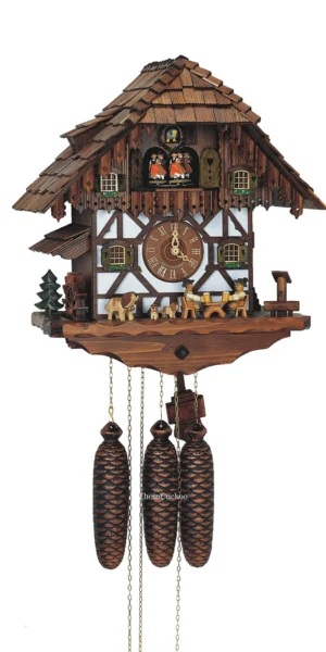 นาฬิกากุ๊กกูเยอรมัน Black Forest Germany ระบบกลไกไขลาน 8 วัน พร้อมเสียงดนตรี บ้านไม้สไตล์ Black Forest คนดื่มเบียร์คู่เคลื่อนไหว กังหันน้ำหมุนได้ รหัสสินค้า 0652