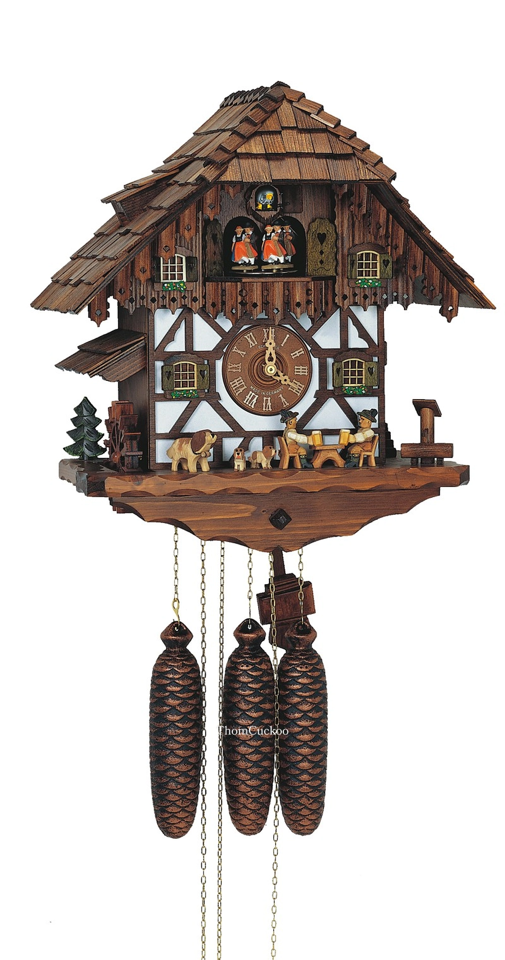 นาฬิกากุ๊กกูเยอรมัน Black Forest Germany ระบบกลไกไขลาน 8 วัน พร้อมเสียงดนตรี บ้านไม้สไตล์ Black Forest คนดื่มเบียร์คู่เคลื่อนไหว กังหันน้ำหมุนได้ รหัสสินค้า 0652