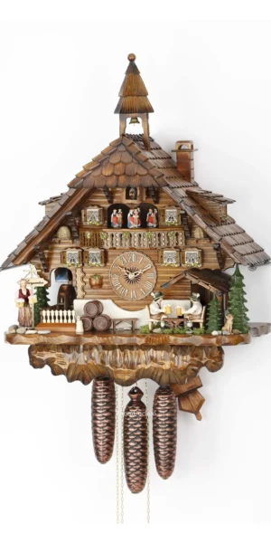นาฬิกากุ๊กกูเยอรมัน Black Forest Germany ระบบกลไกไขลาน 8 วัน พร้อมเสียงดนตรี บ้านไม้สไตล์ Black Forest คนดื่มเบียร์คู่เคลื่อนไหว กังหันน้ำหมุนได้ รหัสสินค้า 0655